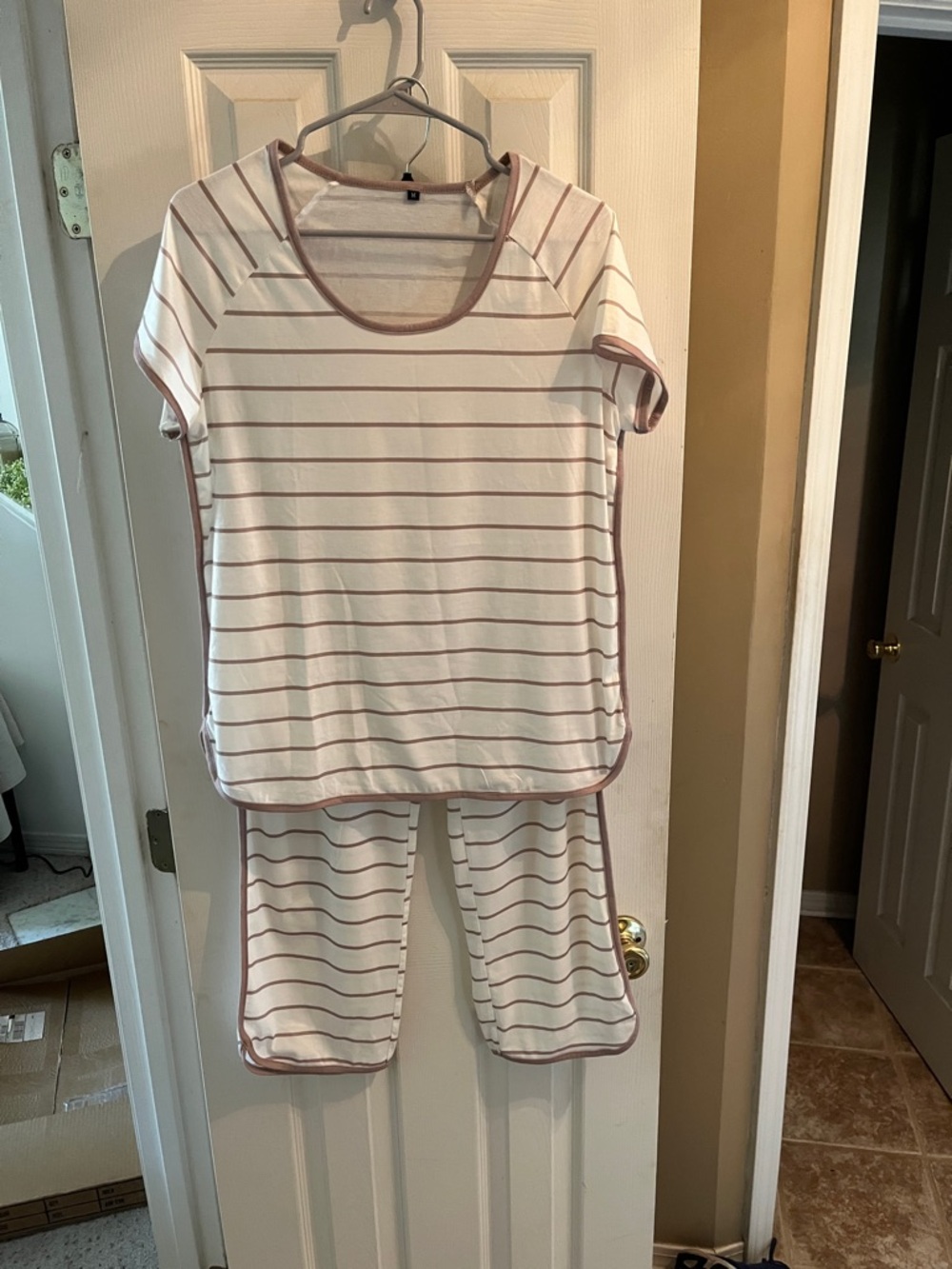 Women’s White and Mauve Stripe Pajama Set - Short Sleeve Top & Pants